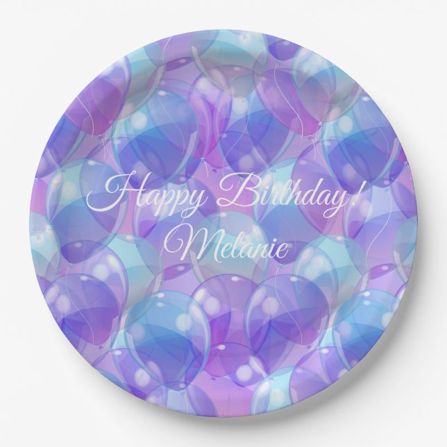 Assiettes En Carton Ballons de fête d'anniversaire Turquoise violet mo (Devant)