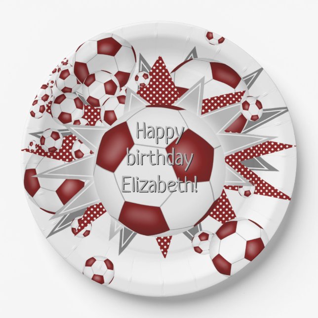 Assiettes En Carton Ballons de football blanc Maroon étoiles anniversa (Devant)