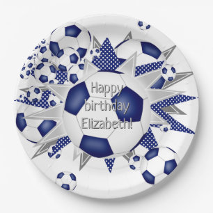 Assiettes En Carton Ballons de football bleu blanc étoiles anniversair