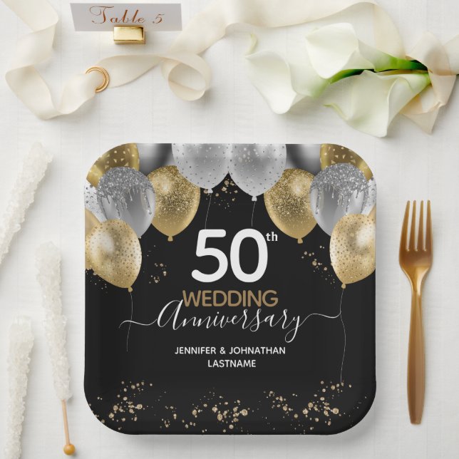 Assiettes En Carton Ballons de Parties scintillant d'or du 50e anniver (Mariage)