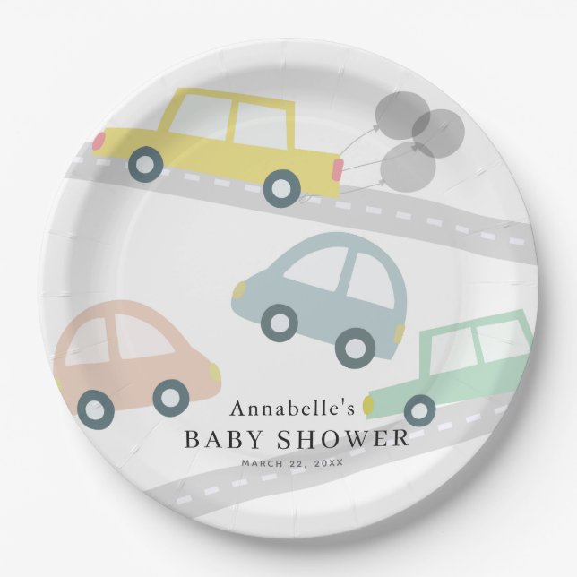 Assiettes En Carton Ballons de voiture jaune Baby shower blanc (Devant)