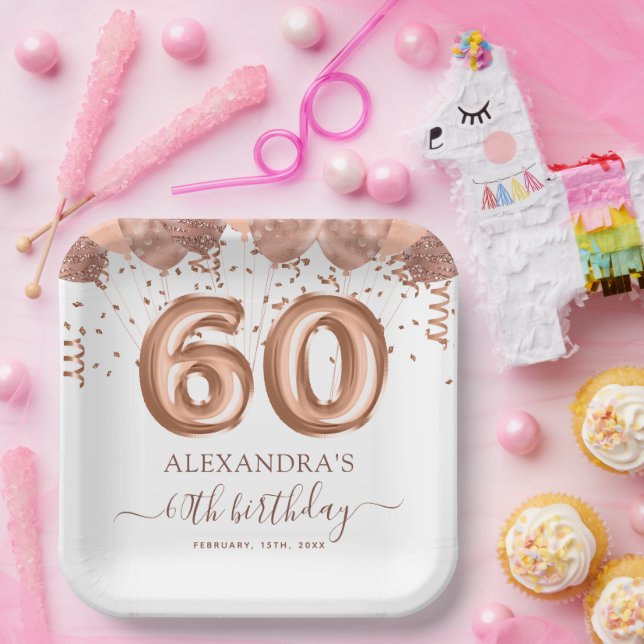 Assiettes En Carton Ballons d'or rose 60e fête d'anniversaire (Fête)