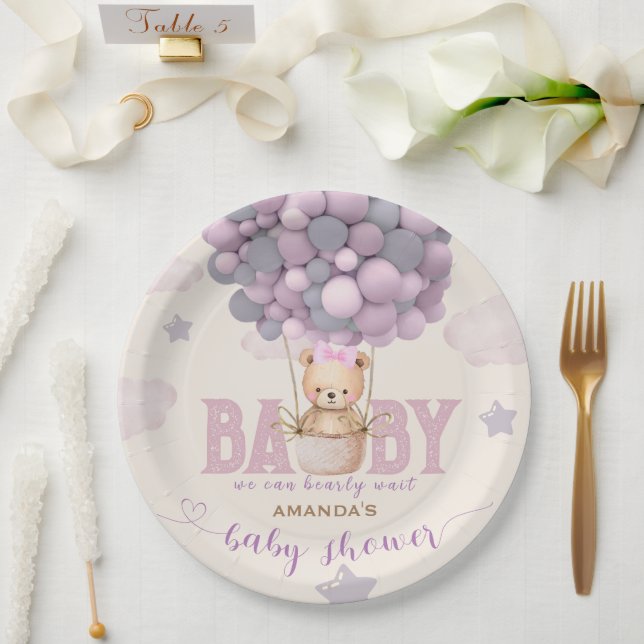 Assiettes En Carton Ballons d'ours baby shower Vioet rose (Mariage)