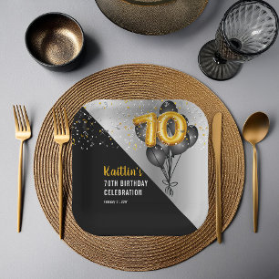 Assiettes En Carton Ballons élégants Noir   Gold 70th Birthday Party