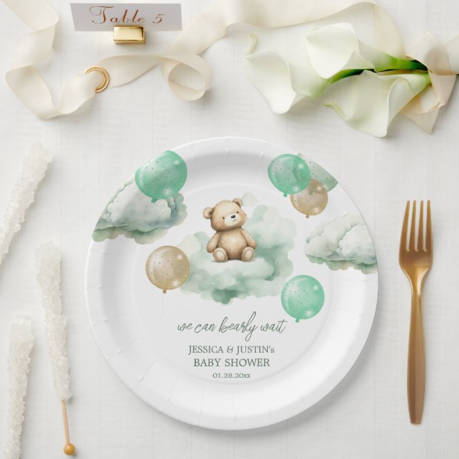 Assiettes En Carton Ballons Ours Teddy Green Gold Sky Baby shower (Mariage)