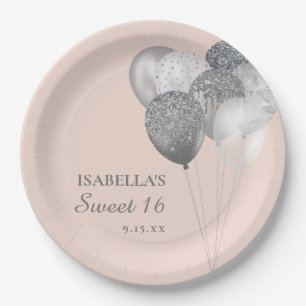 Assiettes En Carton Ballons Pailletés Rose Pâle Argent Sweet 16