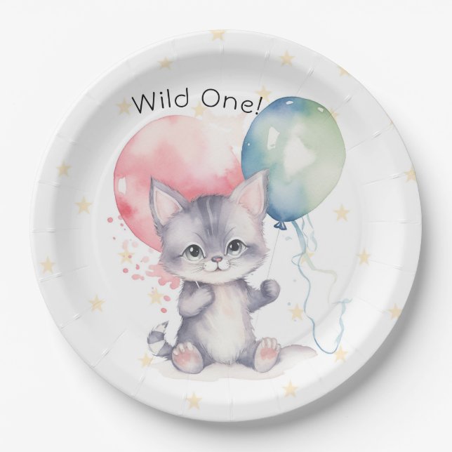 Assiettes En Carton Ballons Wild One Kitten 1er fête d'anniversaire (Devant)