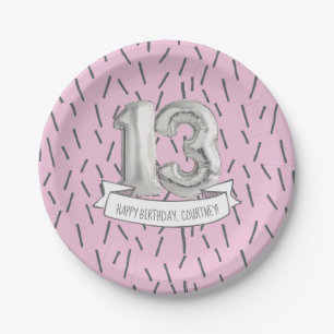 Assiettes En Carton Balloon rose et gris Filles 13e anniversaire