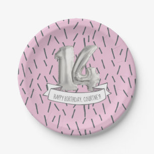 Assiettes En Carton Balloon rose et gris Filles 14e fête d'anniversai