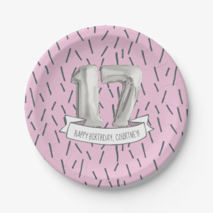Assiettes En Carton Balloon rose et gris Filles 17e fête d'anniversai