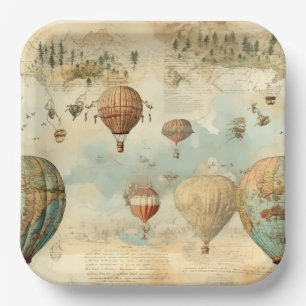 Assiettes En Carton Balloon vintage à air chaud dans un paysage serein