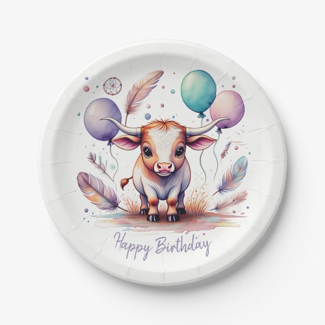 Assiettes En Carton Balloons Anniversaire Texas Longhorn Aquarelle Mig (Devant)