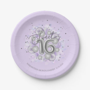 Assiettes En Carton Balloons Fête des 16 ans Sucre Argent Lavande