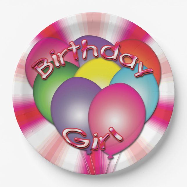 Assiettes En Carton Balloons Fille Anniversaire Plaques de fête rose (Devant)