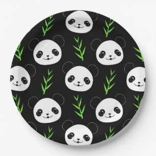 Assiettes En Carton Bambou Motif Kawaii Panda En Blanc Noir
