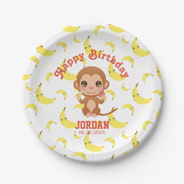 Assiettes En Carton Banana Baby Monkey Joyeux Plaques de papier d'anni (Devant)