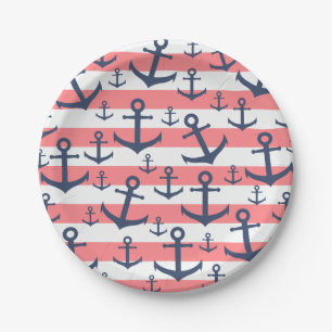 Assiettes En Carton Bande de corail marine bleu ancre motif