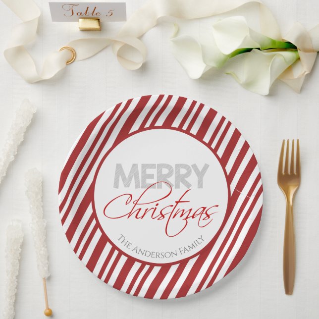 Assiettes En Carton Bande de Sucre de canne rouge et blanc (Mariage)