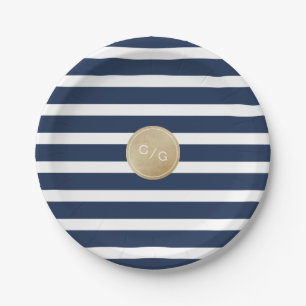 Assiettes En Carton Bandes bleu marine simple mariage moderne monogram
