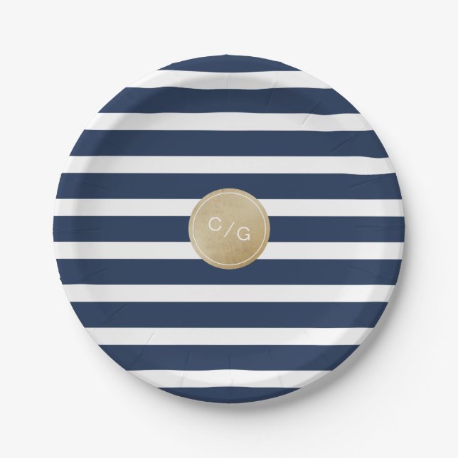 Assiettes En Carton Bandes bleu marine simple mariage moderne monogram (Devant)