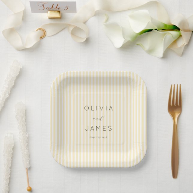 Assiettes En Carton Bandes Crème Élégantes (Mariage)