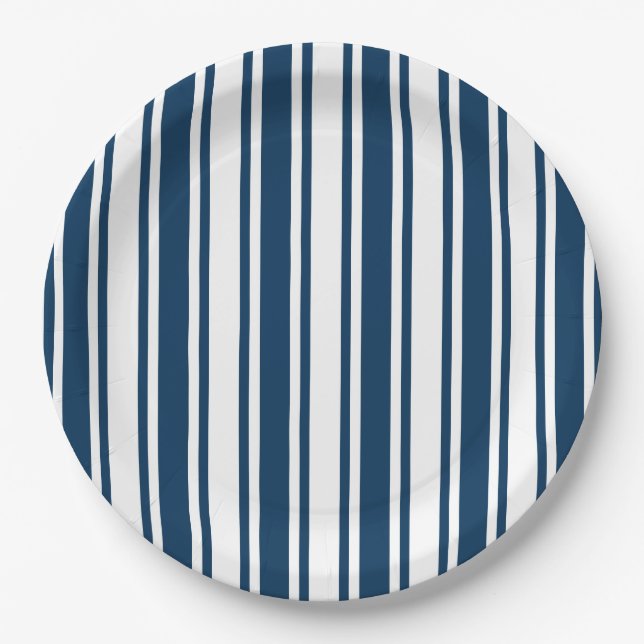 Assiettes En Carton Bandes de bonbons bleu et blanc marine (Devant)
