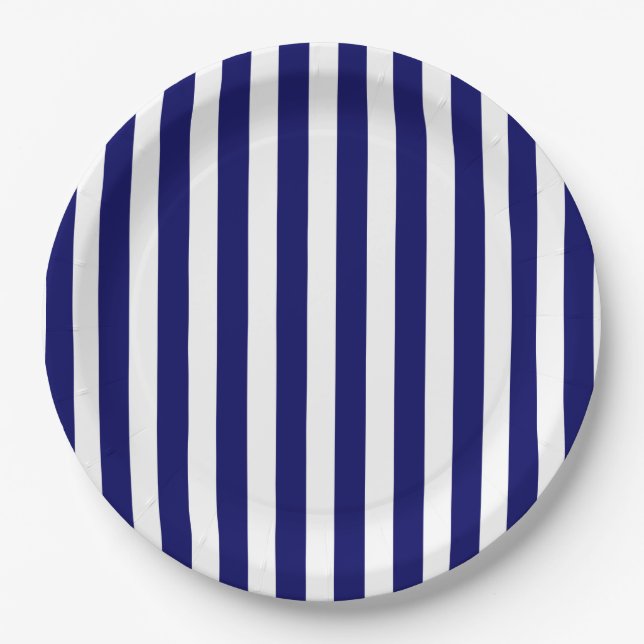 Assiettes En Carton Bandes de bonbons bleu et blanc marine (Devant)