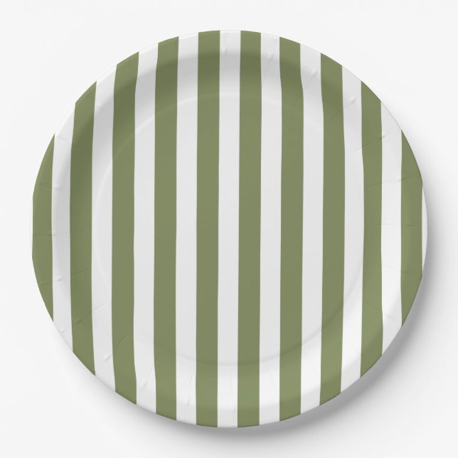 Assiettes En Carton Bandes de bonbons vert olive et blanc (Devant)