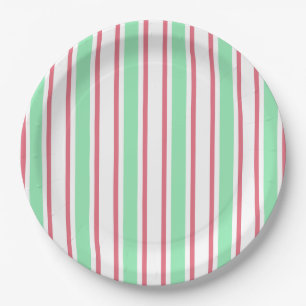 Assiettes En Carton Bandes de bonbons vert, rose et blanc à la menthe