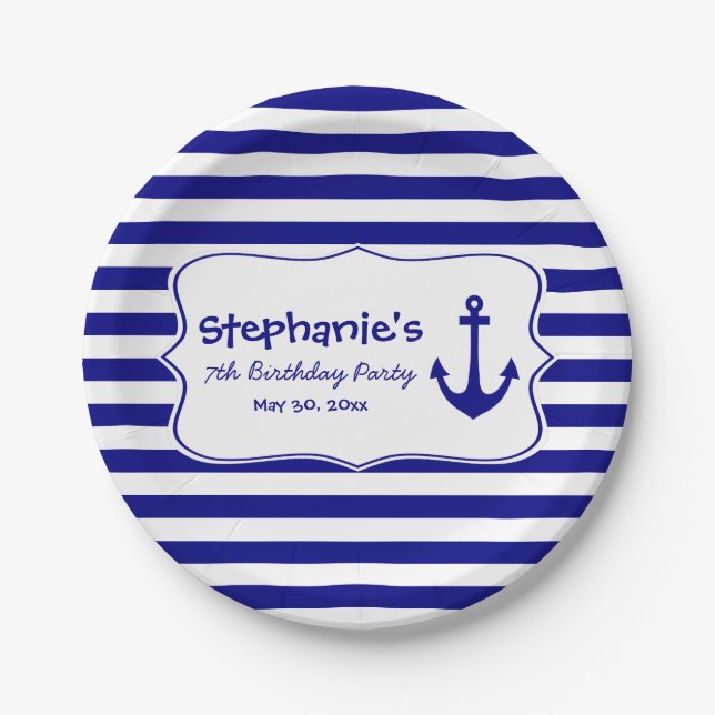 Assiettes En Carton Bandes de la Marine et Ancre nautique fête d'anniv (Devant)
