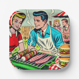 Assiettes En Carton Bandes dessinées vintage Barbecue Couple