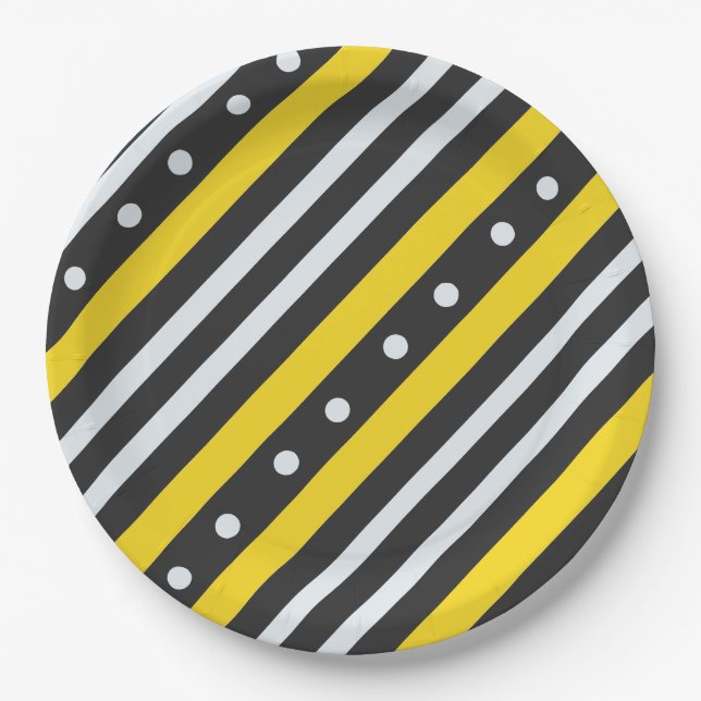Assiettes En Carton Bandes et bulles jaune noir (Devant)