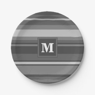Assiettes En Carton Bandes gris monogramme