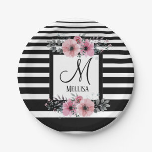 Assiettes En Carton Bandes noires et blanches Monogramme floral rose