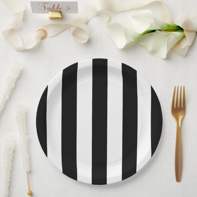 Assiettes En Carton Bandes noires et blanches, Motif rayé, Lignes (Mariage)