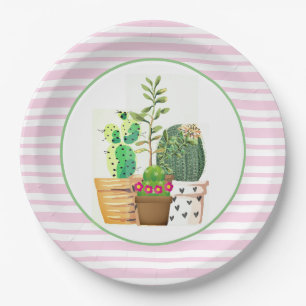 Assiettes En Carton Bandes roses et blanches avec succulents Cactus