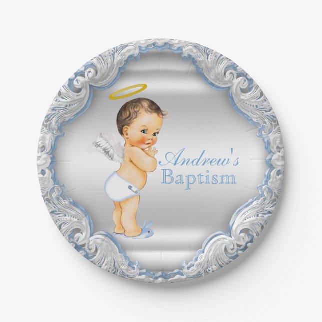 Assiettes En Carton Baptême Ange Argenté Bleu Garçon (Devant)
