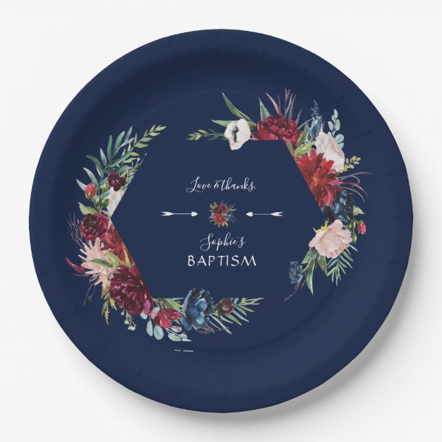 Assiettes En Carton Baptême Bleu Bourgogne Floral Fille de couronne Ba (Devant)