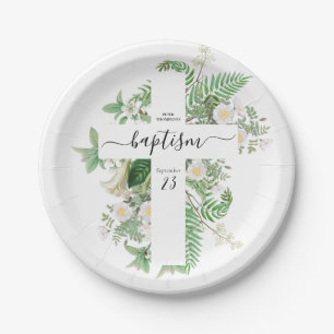 Assiettes En Carton Baptême Christening Cross Green Genre Neutre
