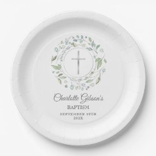 Assiettes En Carton Baptême Couronne De Laurier Croix Argentée
