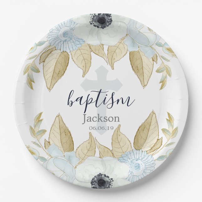 Assiettes En Carton Baptême croisé floral bleu et blanc élégant de (Devant)