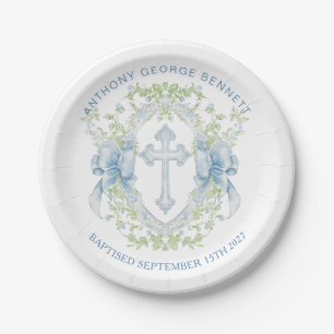 Assiettes En Carton Baptême Croix Crest Vert Baby Boy Papier Plaque
