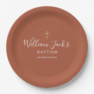 Assiettes En Carton Baptême Croix d'Or Christening Terracotta
