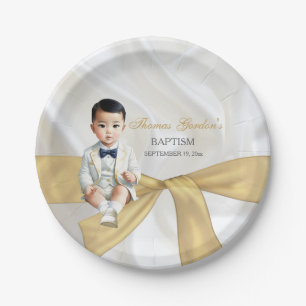 Assiettes En Carton Baptême de bébé garçon asiatique Blanc & Or