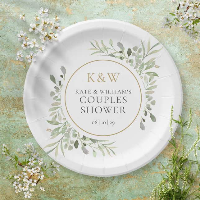 Assiettes En Carton Baptême de couple à motif de feuillage élégant en  (Créateur téléchargé)