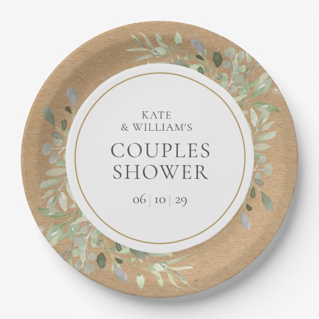Assiettes En Carton Baptême de couple Feuilles de verdure aquarelle ru (Devant)