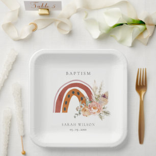 Assiettes En Carton Baptême de croix arc-en-ciel Floral Boho orange ro