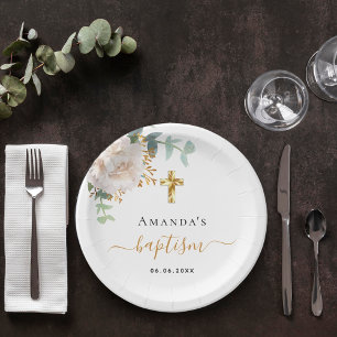 Assiettes En Carton Baptême eucalyptus vert croix d'or fleuri