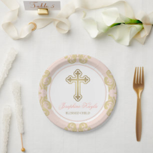 Assiettes En Carton Baptême Fille Élégant Croix Dorée Damassé Rose