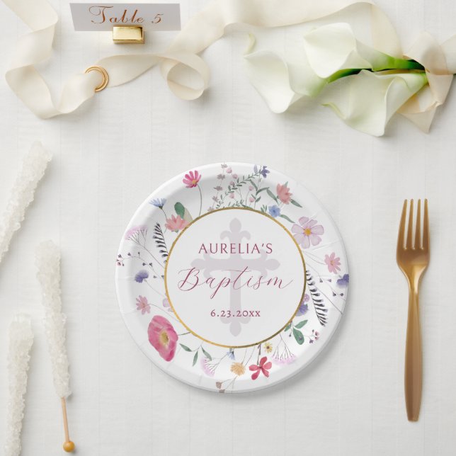 Assiettes En Carton Baptême fleur sauvage (Mariage)